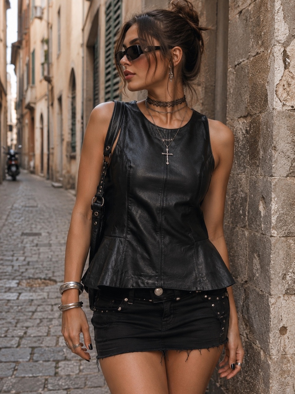 WHBM Y2K Grunge Gothic Punk Rock Leather Peplum Top Black Size 8 Dark Romantic